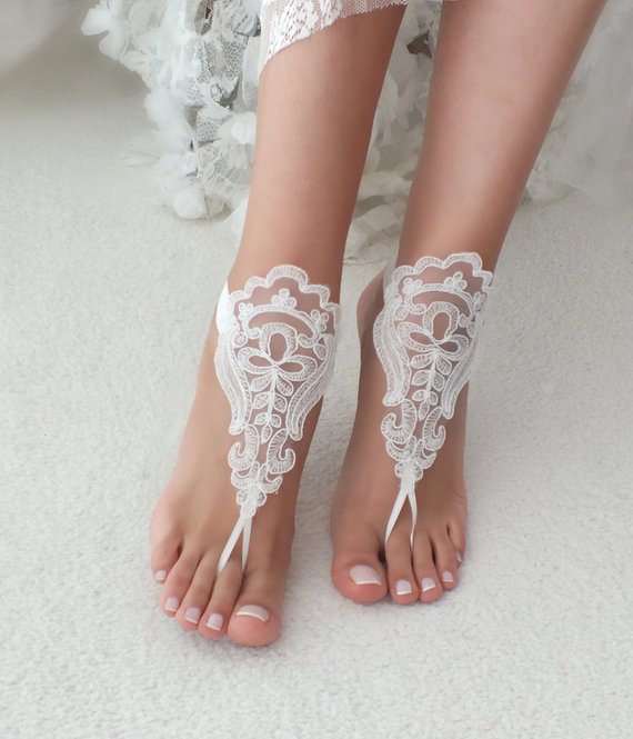 Hochzeit - Beach wedding barefoot sandals accesories lace sandals, ivory Barefoot , french lace sandals, wedding anklet, beach shoes, bridal sandals