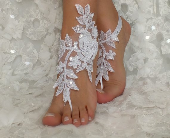 Wedding - Beach Weddings Barefoot Sandals white lace beac shoes Bridesmaids Gift Bridal Jewelry Wedding Shoes Bangle Bridal Accessories Bridal Anklets