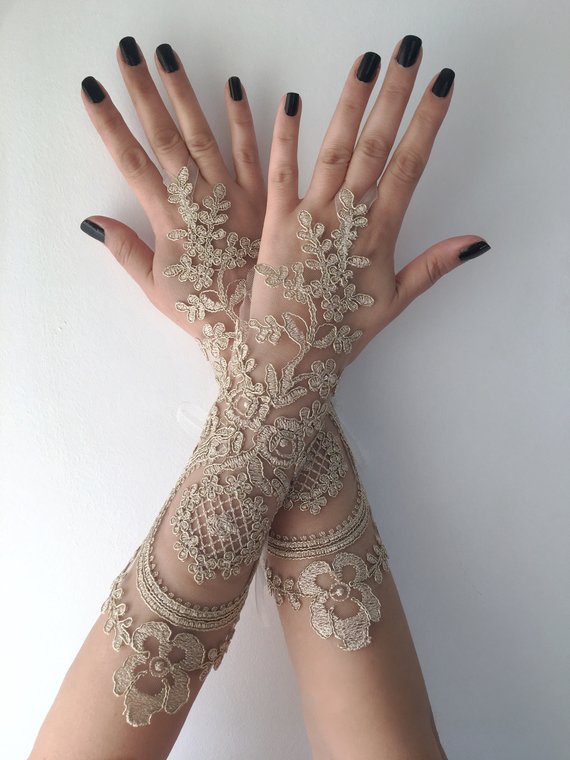 Hochzeit - Wedding Glove Bridal Gloves, Gold lace gloves, Long Lace gloves, bride glove bridal gloves lace gloves fingerless gloves