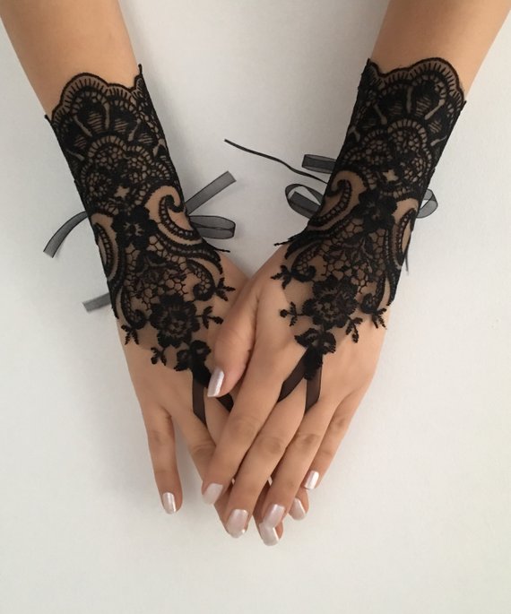 Hochzeit - Black lace glove french lace bridal gloves, fingerless gloves black glove burlesque glove guantes steampunk glove goth wedding