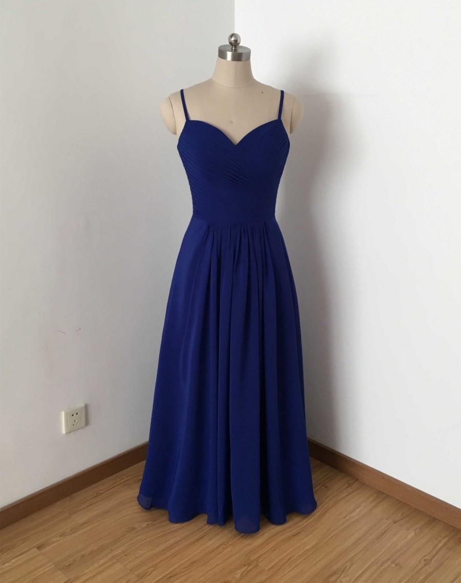 Hochzeit - Spaghetti Straps Royal Blue Chiffon Long Bridesmaid Dress