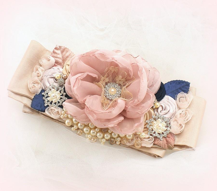 Hochzeit - Wedding Bridal Sash Rose Blush Navy Blue Champagne with Pearls and Flowers Vintage Style Elegant