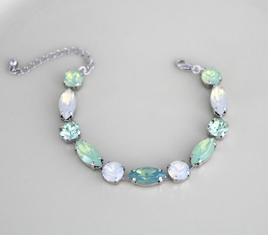 Hochzeit - Crystal Bridal bracelet, White opal bracelet, Bridal jewelry, Mint green bracelet, Sea foam green crystal, Swarovski bracelet, Green crystal