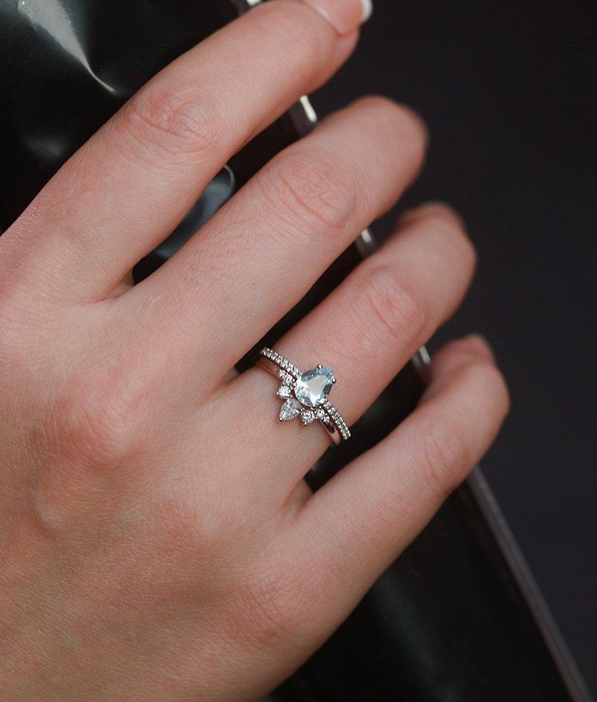 Свадьба - Aquamarine engagement ring white gold pear cut vintage diamond Half eternity Wedding band women antique Jewelry Anniversary gift for her