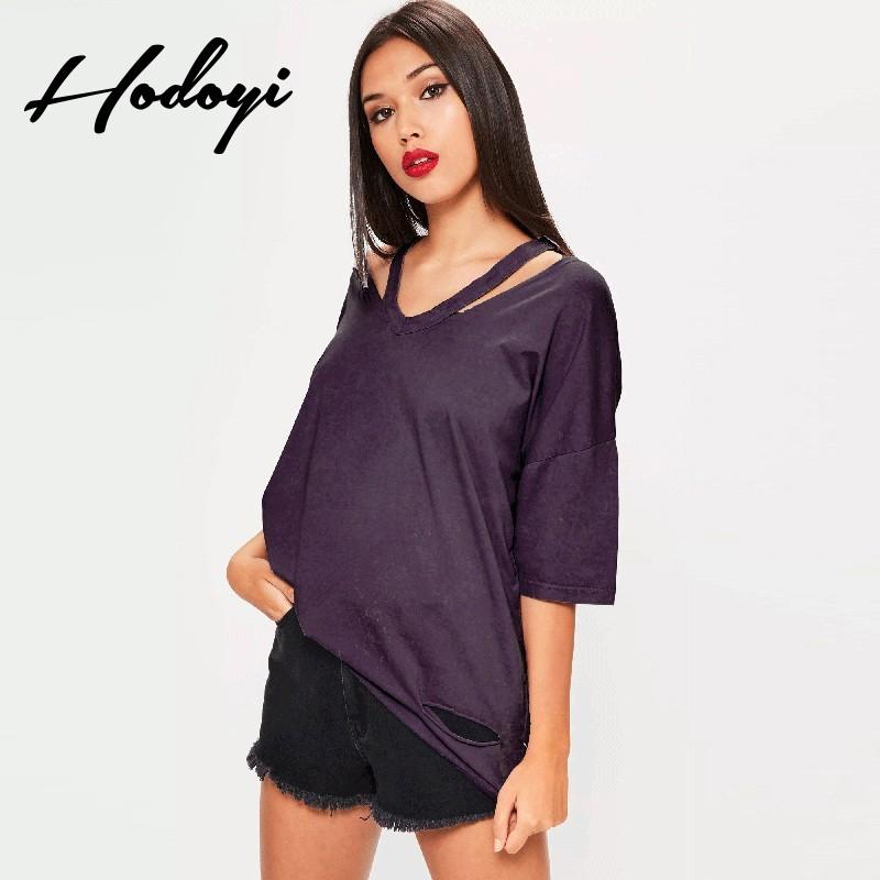 زفاف - Oversized Vogue Simple Ripped Hollow Out 1/2 Sleeves One Color Summer T-shirt Top - Bonny YZOZO Boutique Store