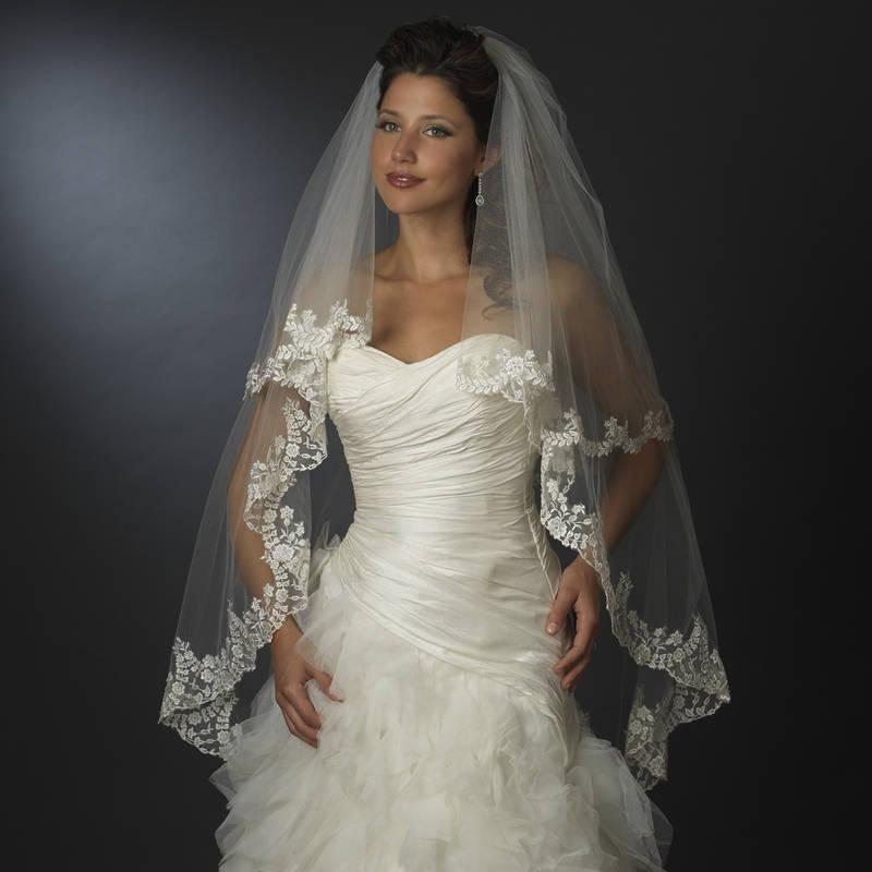 Mariage - Floral Embroidered Double Layer Edge Veil Fingertip Waltz Length Veil