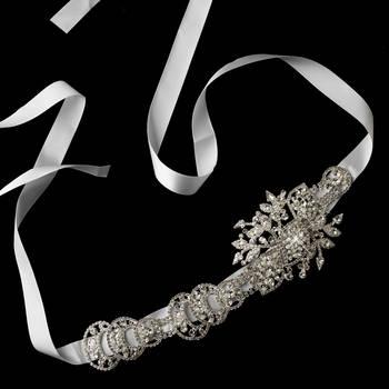 Wedding - Silver Clear Rhinestone & White Ribbon Belt or Headband