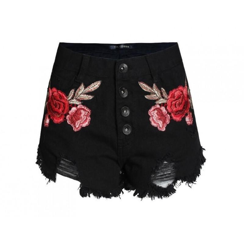 زفاف - Must-have Embroidery Vintage and Worn High Waisted Floral Black Jeans Short - Bonny YZOZO Boutique Store