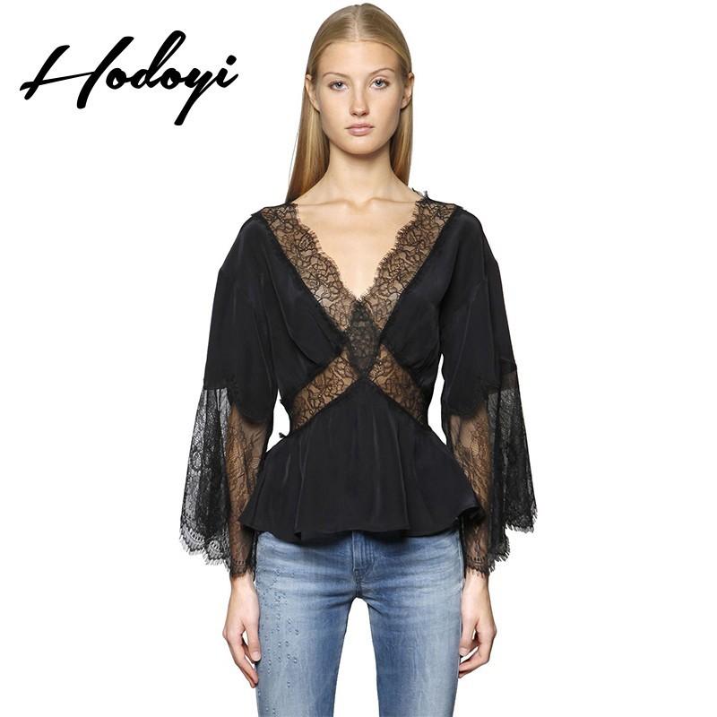 Hochzeit - Vogue Sexy Seen Through Split Front Hollow Out V-neck One Color Fall 9/10 Sleeves Lace Blouse - Bonny YZOZO Boutique Store