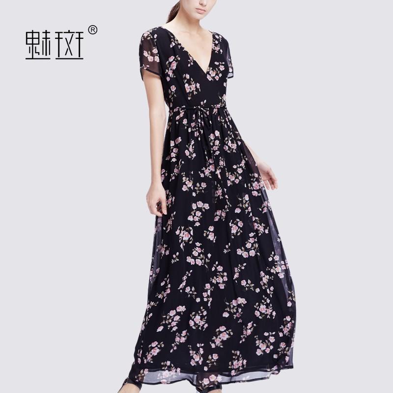 Wedding - Oversized Printed Plus Size V-neck Trail Dress Floral Summer Short Sleeves Dress - Bonny YZOZO Boutique Store