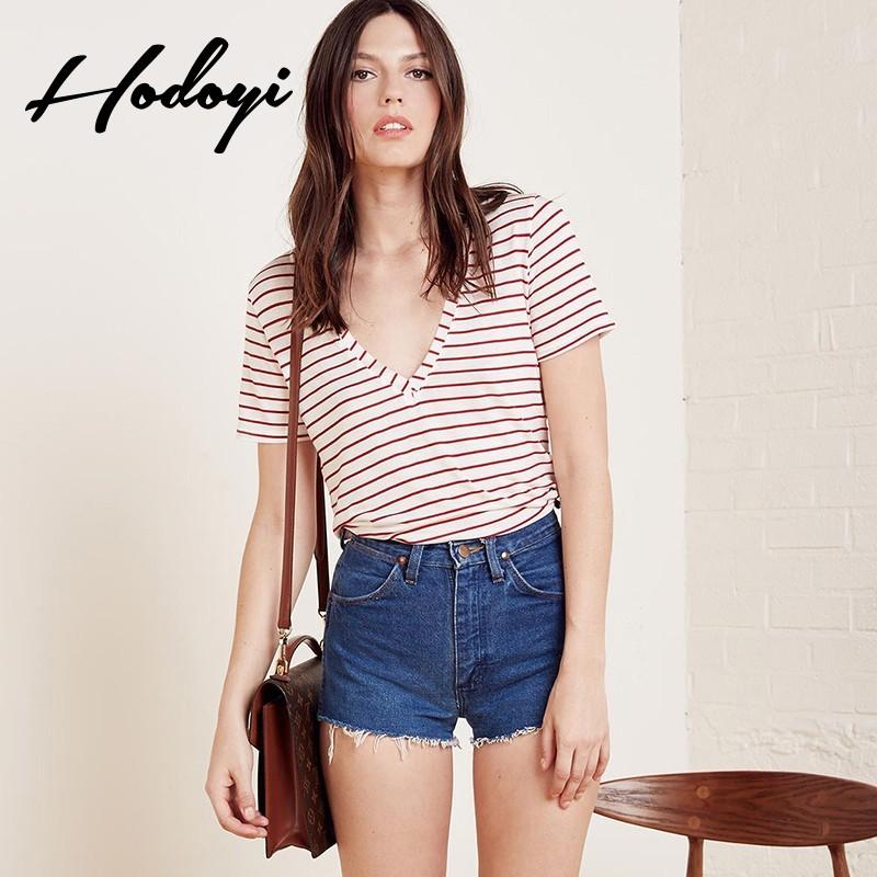 Wedding - 2017 summer new women's fashion v-neck with red and white striped casual short sleeve t-shirt woman - Bonny YZOZO Boutique Store