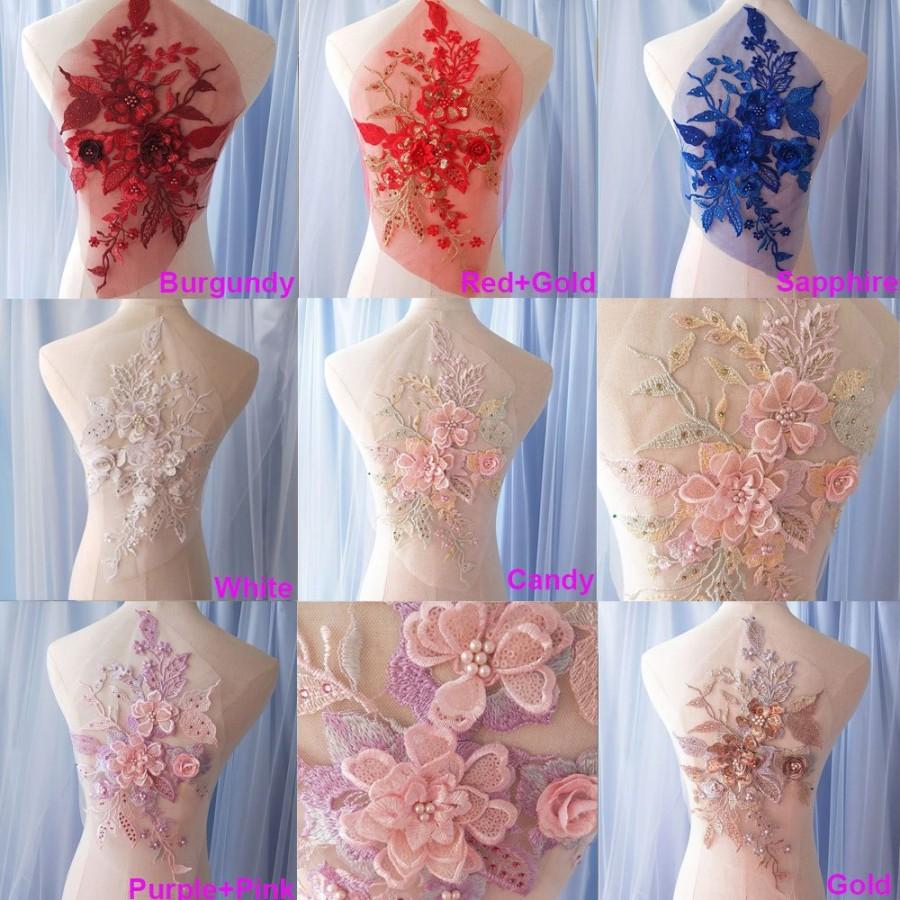 زفاف - Beading Appliques 3D Flower Rhinestone Lace Patch Blssom Embroideried Sequined Beaded Lace Applique Motif for  Bridal Dress Dance Costume