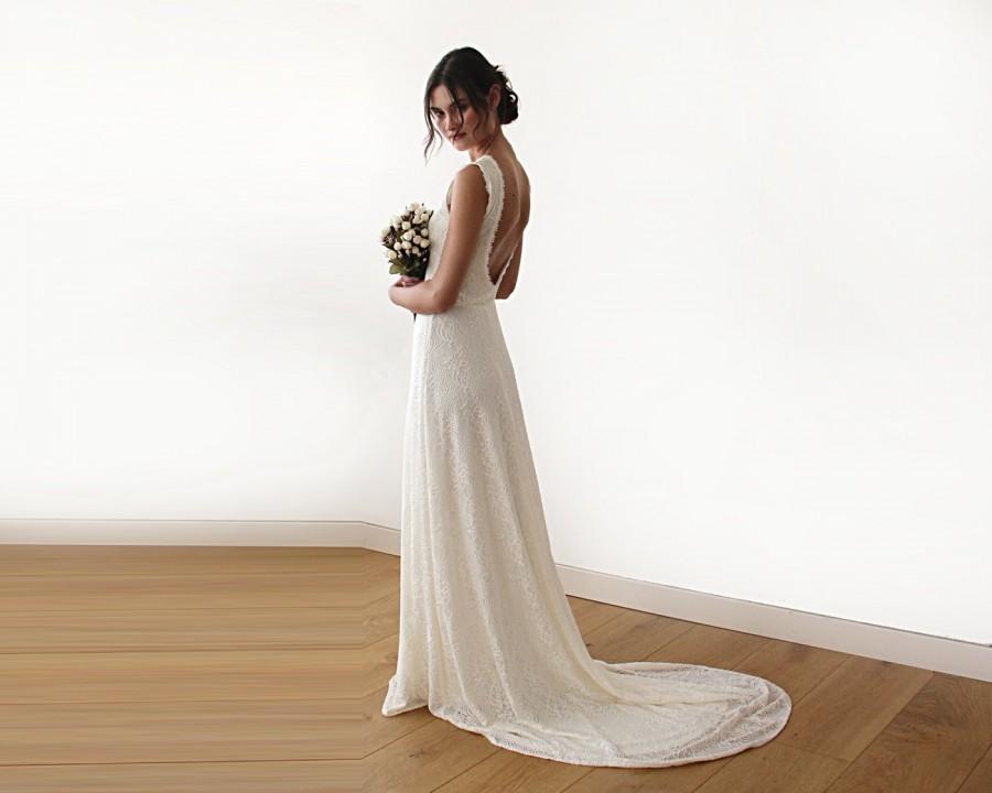 زفاف - Sleeveless cream backless lace maxi wedding dress, Lace wedding dress with train,  Maxi lace wedding dress 1180