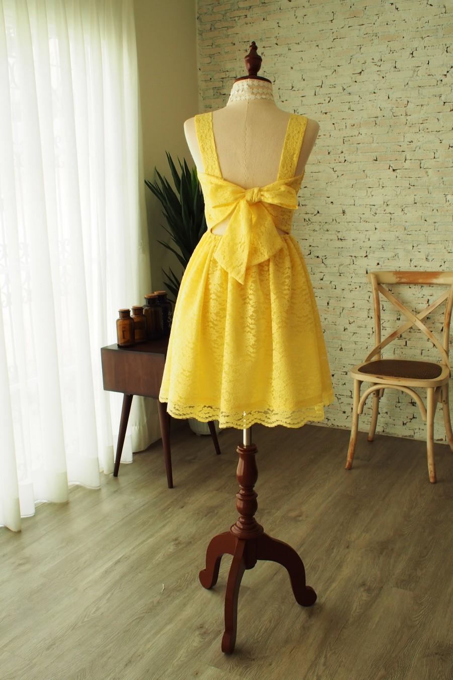 Hochzeit - Bridesmaid Dress Yellow Lace Dress broderie anglaise Dress Back Bow Backless Lace Straps Yellow School Dance Dress Summer Dress A Line Slip