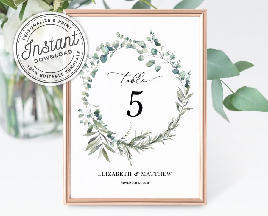 Wedding - Boho Wreath Printable Wedding Table Numbers with Eucalyptus Greenery in 2 Sizes (4x6" and 5x7") • INSTANT DOWNLOAD • Editable Template #023