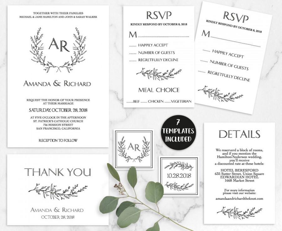 Mariage - Laurel Wedding Invitation Suite, Rustic, Elegant Invitation Wreath, Editable, Printable, DIY Laurel Template Set, PDF Instant Download LW210