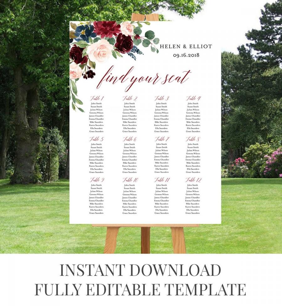 Hochzeit - Merlot Navy Floral Editable Table Plan, Blush Boho Printable Seating Chart, 18 x 24 24 x 36 A1 A2 Template, Instant Download, Templett 520-B