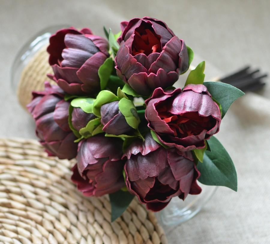 Hochzeit - NEW Burgundy Peonies Real Touch Flowers DIY Silk Bridal Bouquets Wedding centerpieces Posy Bouquet Home Decor Flowers