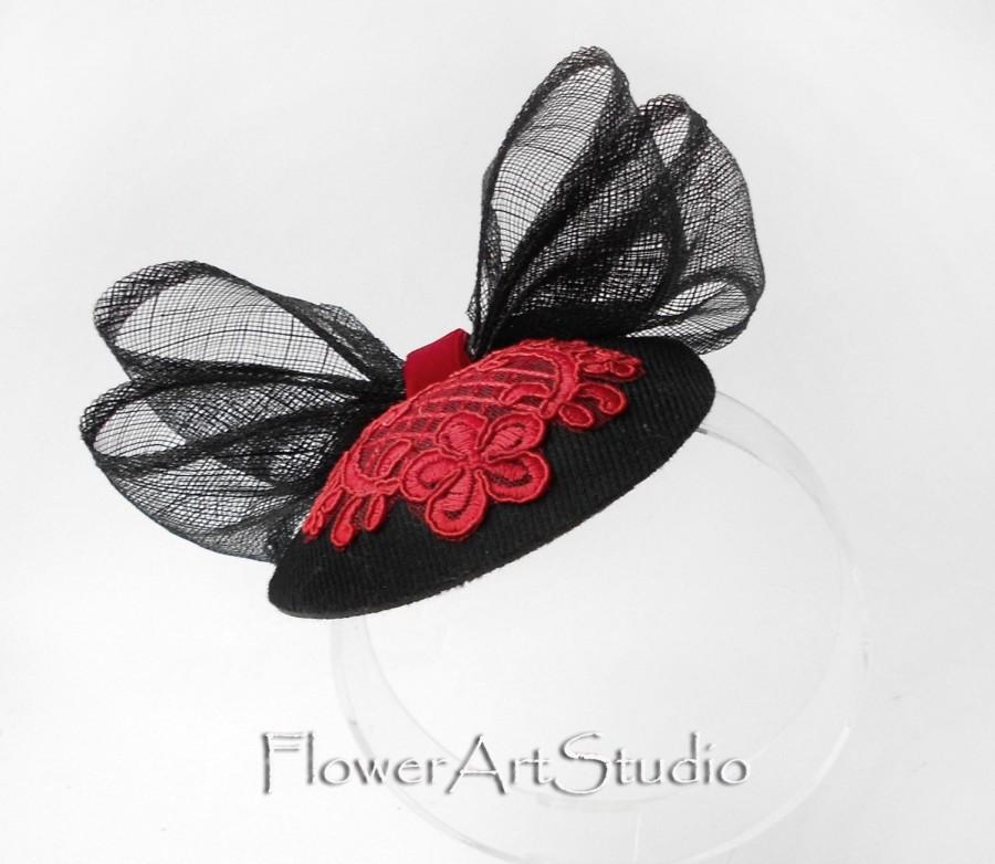 Wedding - Kentucky Derby Hat, Red and Black Fascinator, Retro Style Small Hat, Cocktail Hat, Mother of a Bride Hat, Royal Ascot Hat, Top Hat with Bow