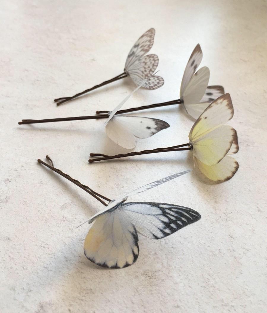 زفاف - Hand Cut silk butterfly hair pins - Set of 5 delicate pale yellow and creams.