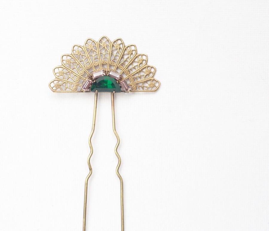 Mariage - Art deco hair comb emerald bridal pin crystal brass filigree vintage 1920's style elegant jewel rhinestone wedding hair accessory amethyst