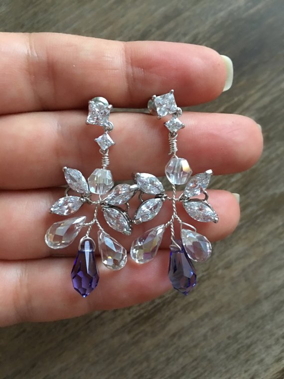 Hochzeit - Crystal Wedding Earrings, Zircon Earrings Handmade Earrings, Wedding, Purple Silver earrings Handmade Bridal Earrings, Wire Bridal Earrings