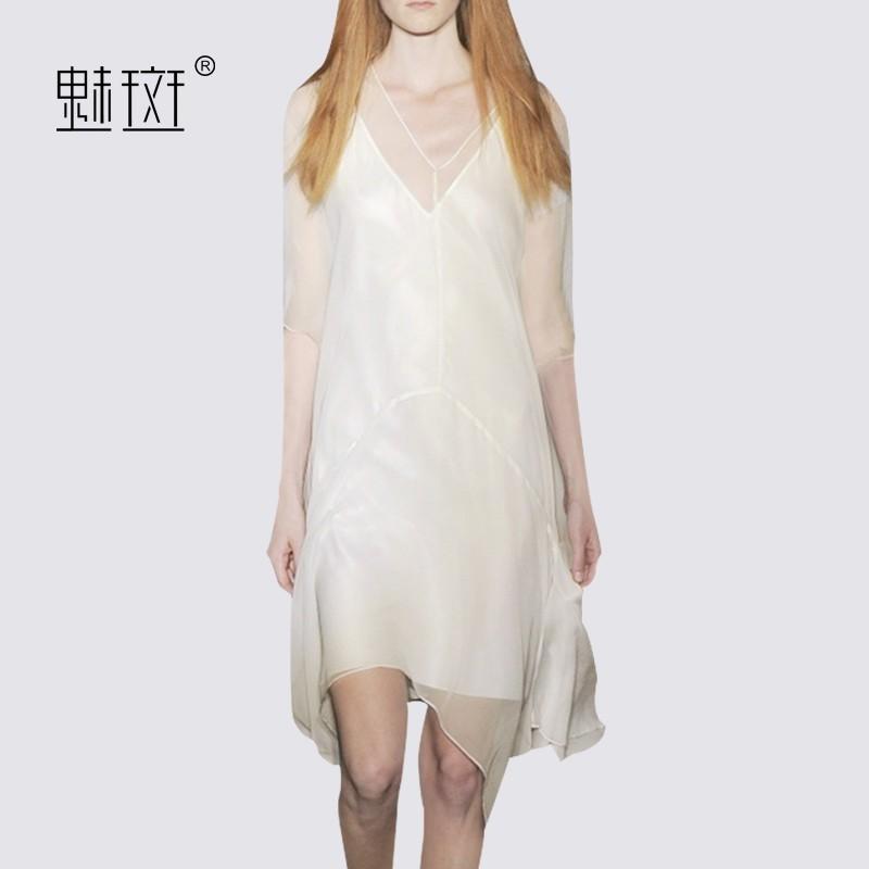 زفاف - Vogue Asymmetrical Plus Size V-neck 1/2 Sleeves White Summer Casual Dress - Bonny YZOZO Boutique Store