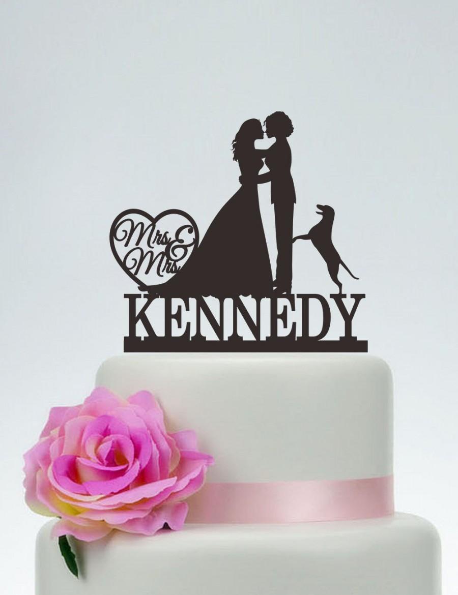زفاف - Mrs and Mrs Wedding Cake Topper,Same Sex Cake Topper,lesbian Cake Topper,Personalized Cake Topper with Dog,lesbian silhouette,- C147