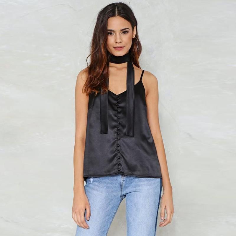 Mariage - Vogue Simple Ruffle Chiffon Black Sleeveless Top Strappy Top Essential Tie - Bonny YZOZO Boutique Store