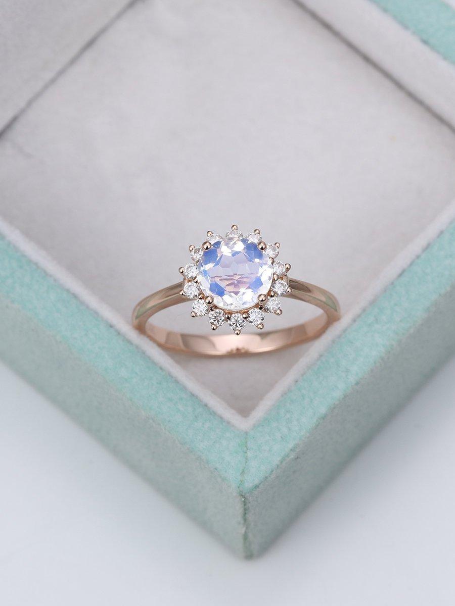 Wedding - Moonstone engagement ring Rose gold engagement ring Women Wedding Moissanite Flower Antique Unique Bridal set Jewelry Anniversary Gift