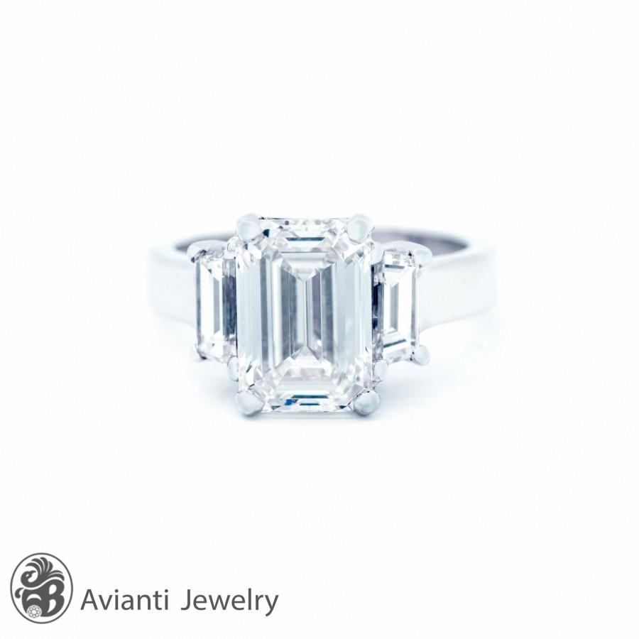 Wedding - Engagement Ring, Classic Emerald and Baguette Cut Diamond Ring, Emerald Cut Diamond Ring, Baguette Engagement Ring 