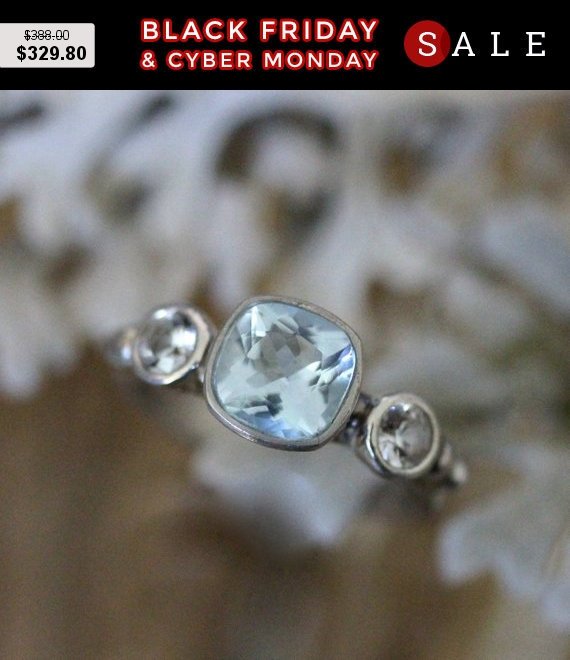 زفاف - Aquamarine And White Sapphire Sterling Silver Ring, Gemstone Ring, Three Stones Ring, Engagement Ring, Stacking Ring - Custom Made For You