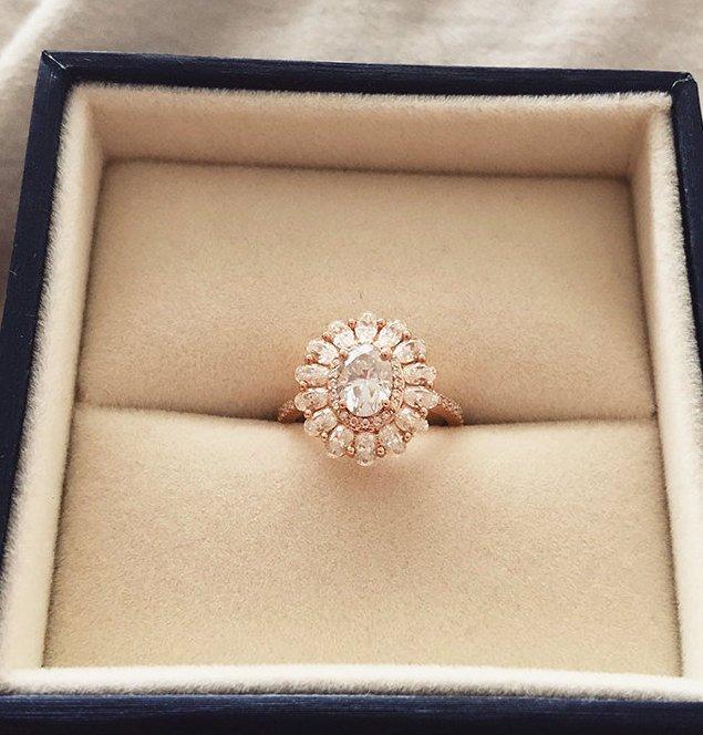 Wedding - Moissanite engagement ring Vintage engagement ring Rose gold Women Wedding Oval cut Unique Halo set Bridal Jewelry Anniversary gift for her