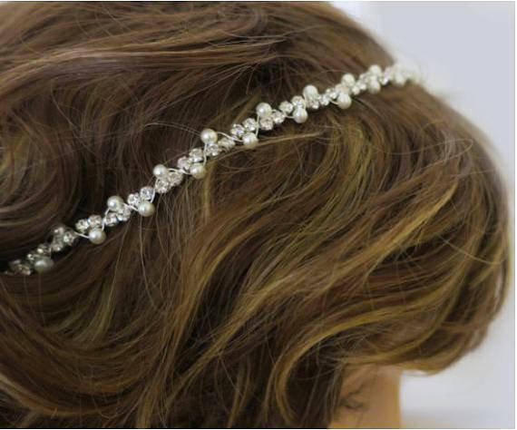 Свадьба - Vintage Inspired Bridal Headband Pearl and Rhinestone Art Deco Wedding Hair Accessory Simple Thin Crystal Hairband Bohemian Forehead Halo