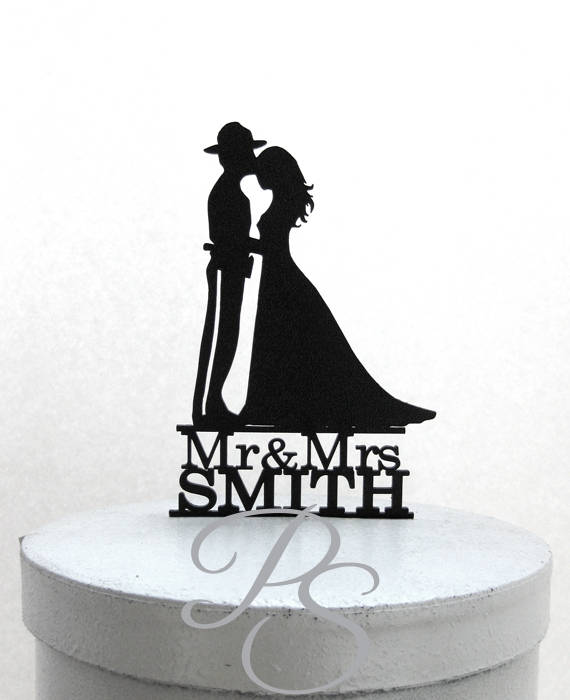 Hochzeit - Personalized Wedding Cake Topper - State Trooper officer and Bride Silhouette with Mr & Mrs name