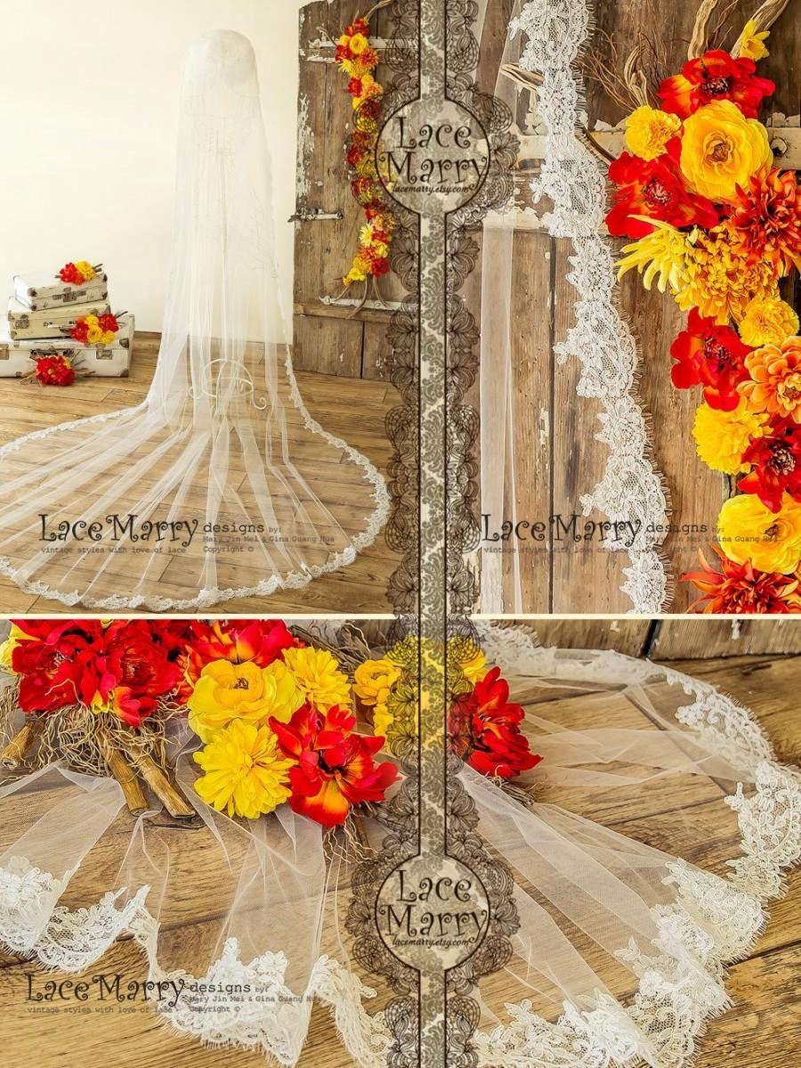 Mariage - Cathedral Lace Bridal Veil, Single Tier Long Wedding Veil with Alencon Eyelash Lace Hem, One Layer Mantilla Veil with Slim Alencon Lace Edge