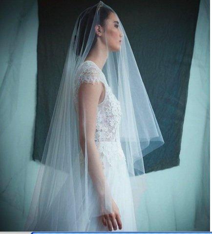 زفاف - FINGERTIP MODERN DROP Veil with Blusher, Trending Wedding Veil, 2-tier Veil, available in waltz and chapel lengths - Zoe