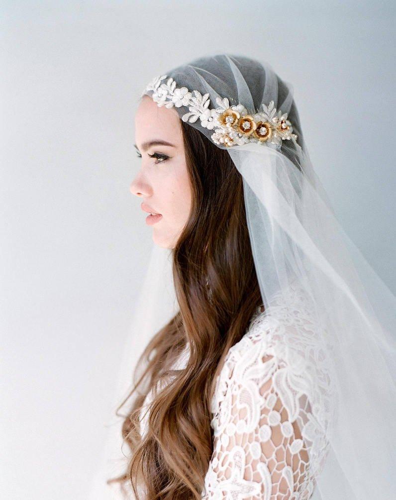 زفاف - Juliet cap veil-boho veil- Gold flower bridal veil-swarovski veil-wedding veil-fingertip veil- lace veil-beaded veil- style 105