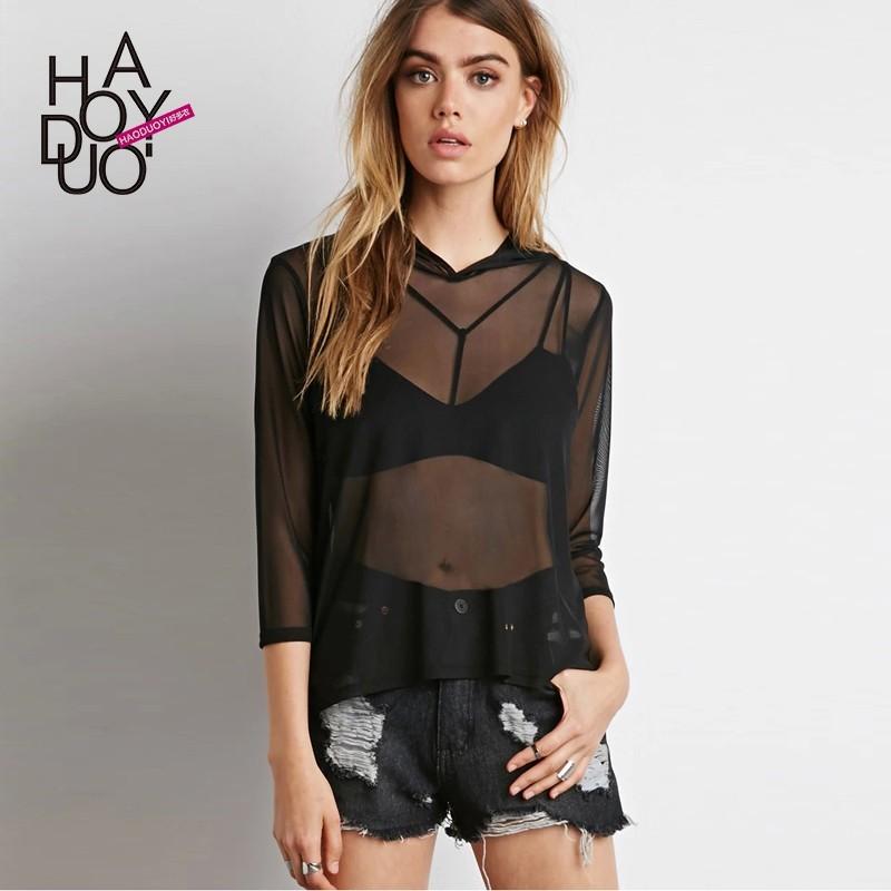 زفاف - Perspective of street fashion black mesh Hoodie casual blouses cropped sleeve t-shirt woman - Bonny YZOZO Boutique Store