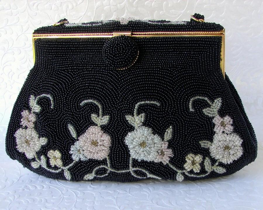 Mariage - Vintage Vivant Sarne 50's Jet Black Micro Bead Purse Beaded Floral Design Pink Green Yellow Flowers Leaves Gold Frame Lining Italian Beads