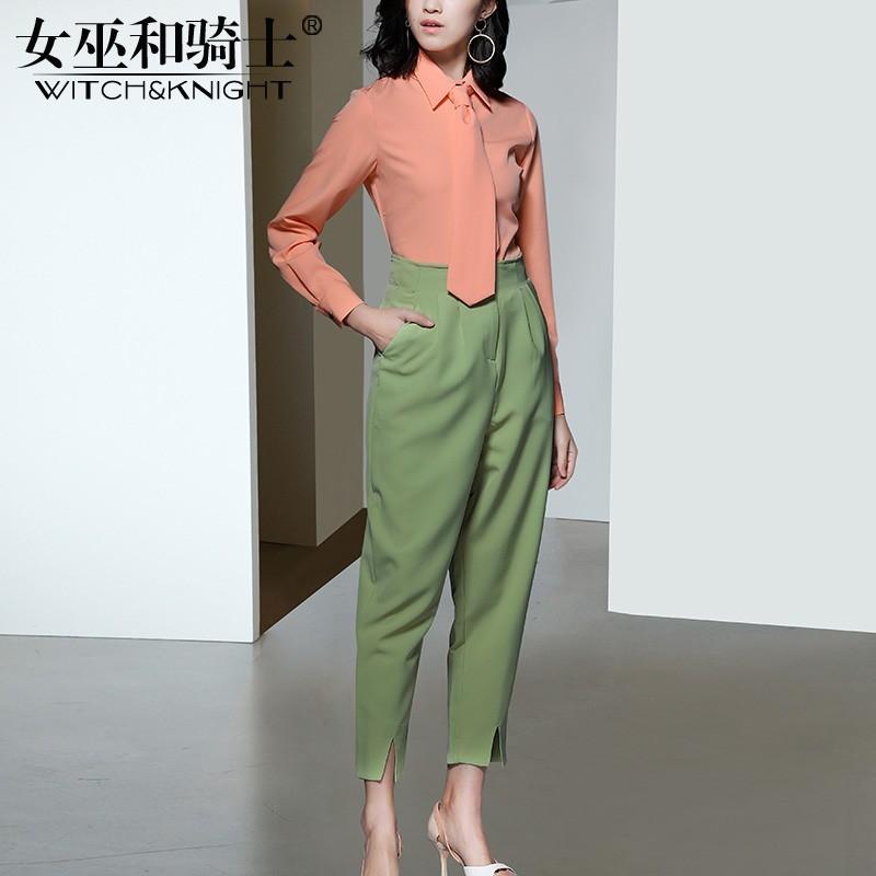Mariage - Attractive Slimming One Color Outfit Twinset Blouse Long Trouser Top Tie - Bonny YZOZO Boutique Store