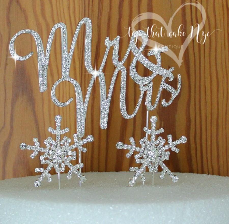 زفاف - Winter wonderland Wedding cake Topper in Crystal rhinestones Mr & Mrs in silver Snow Flakes cake decoration