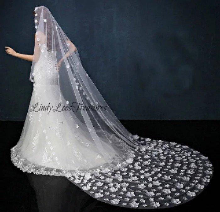 Wedding - White Flower veil, Bridal, Cathedral Length Veil, Bridal Veil, White Tulle Veil, Wedding Veil, Long veil,