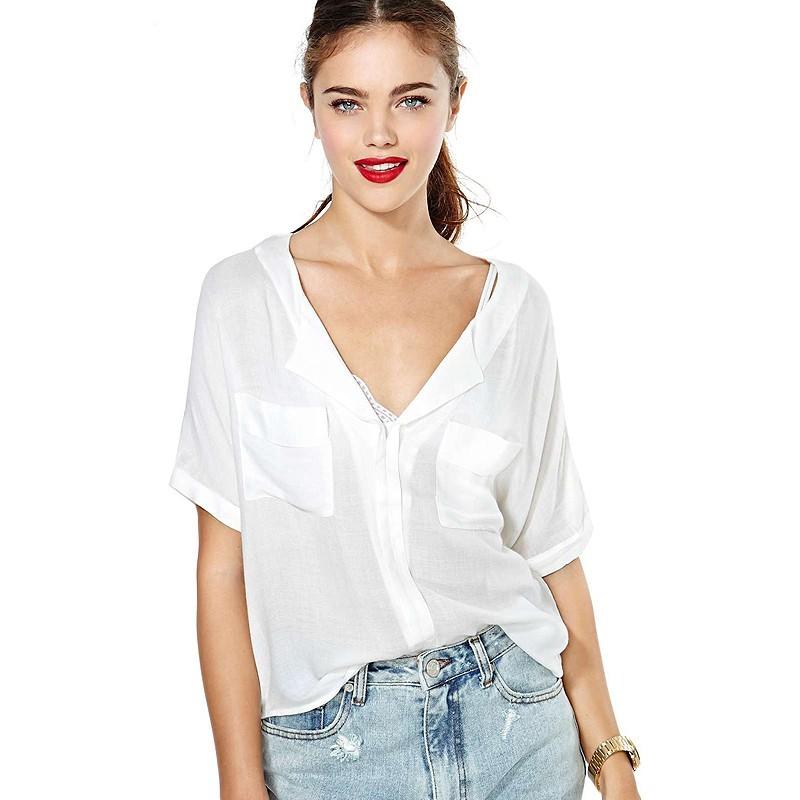 زفاف - Must-have Casual Oversized V-neck Short Sleeves Pocket Accessories White Summer Top Chiffon Top - Bonny YZOZO Boutique Store