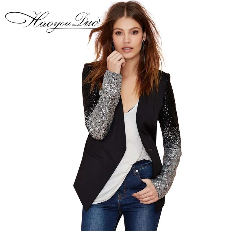 Mariage - Split Front Color-changing Slimming V-neck Sequined Black Suit Coat - Bonny YZOZO Boutique Store