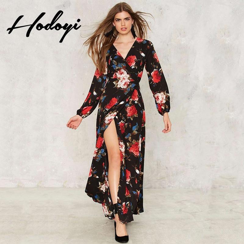 زفاف - 2017 summer New Fashion Sexy deep-V lantern sleeve high slit floral print dress and long sections - Bonny YZOZO Boutique Store