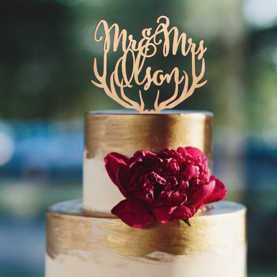 Hochzeit - Mr and Mrs cake topper, deer antlers cake topper, wedding cake topper, rustic wooden cake topper, gold cake topper, personalized topper