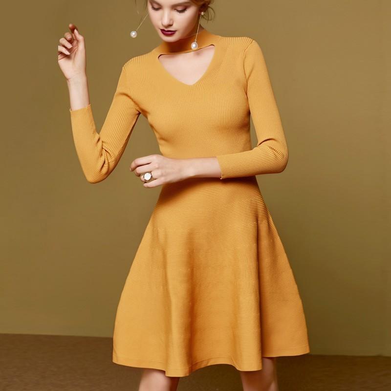 Mariage - Elegant Hollow Out V-neck High Waisted Jersey One Color 9/10 Sleeves Dress - Bonny YZOZO Boutique Store