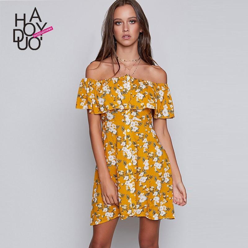 Hochzeit - Sexy Printed Off-the-Shoulder Accessories Summer Frilled Buttons Dress - Bonny YZOZO Boutique Store