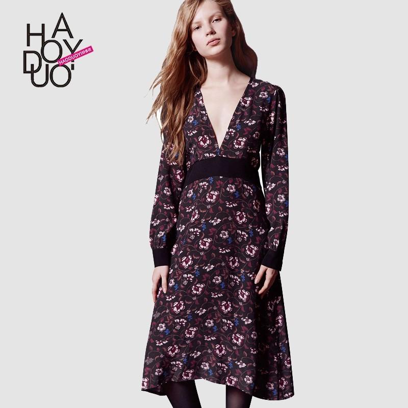 زفاف - Spring/summer 2017 new wind vintage deep v elegance elegant flower print dress - Bonny YZOZO Boutique Store